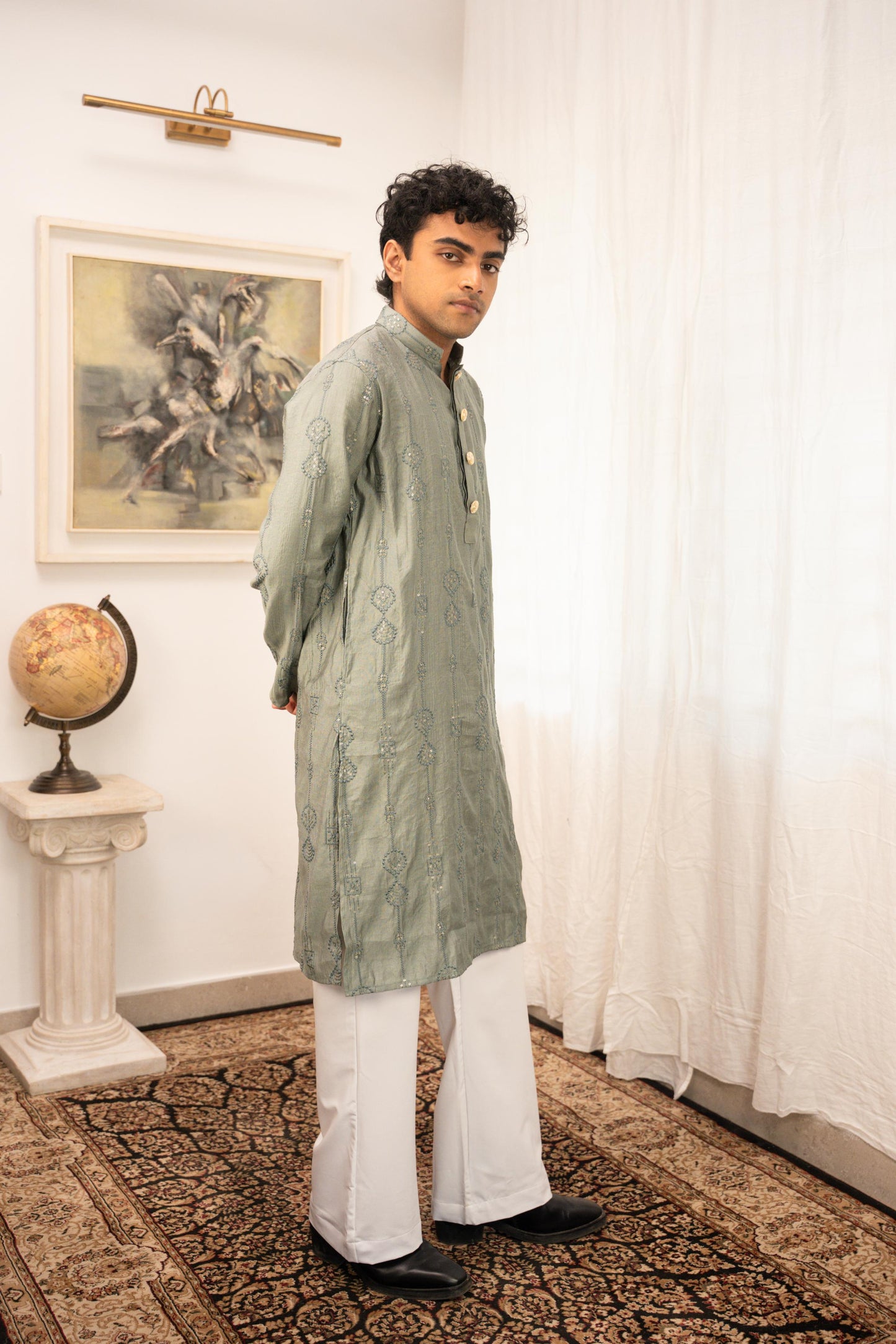 Rehman Embroidered Green Panjabi with Gold Buttons