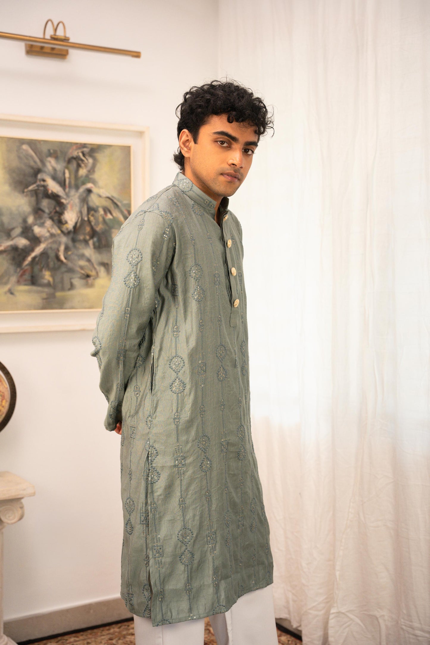 Rehman Embroidered Green Panjabi with Gold Buttons