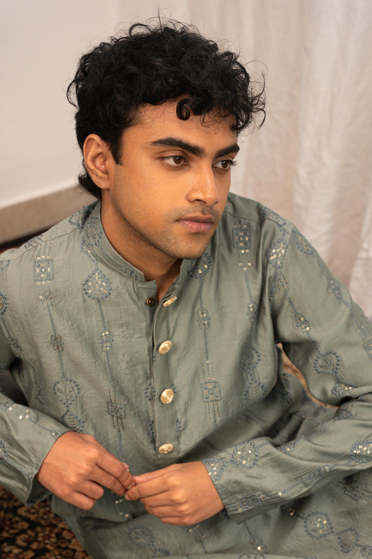 Rehman Embroidered Green Panjabi with Gold Buttons