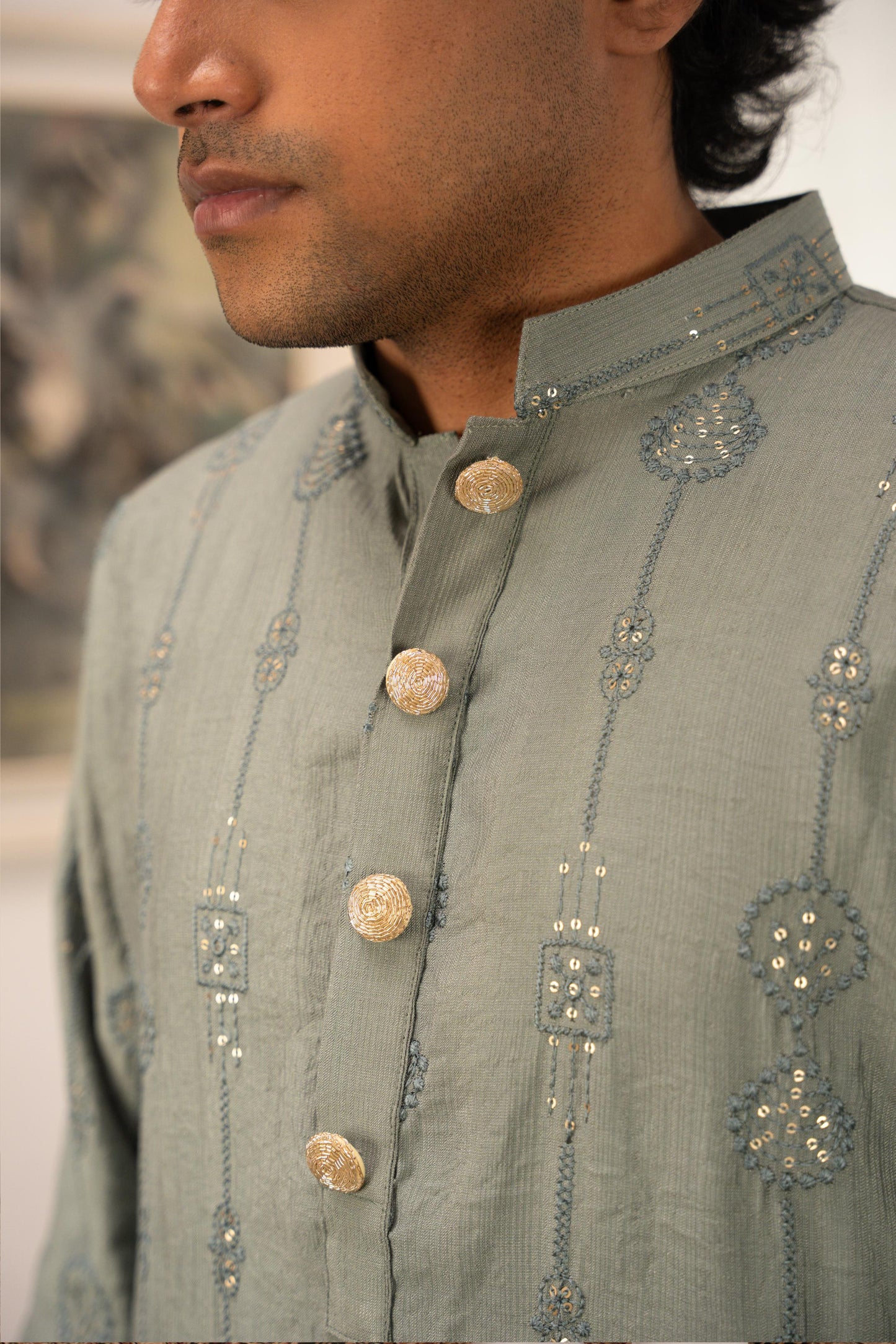 Rehman Embroidered Green Panjabi with Gold Buttons