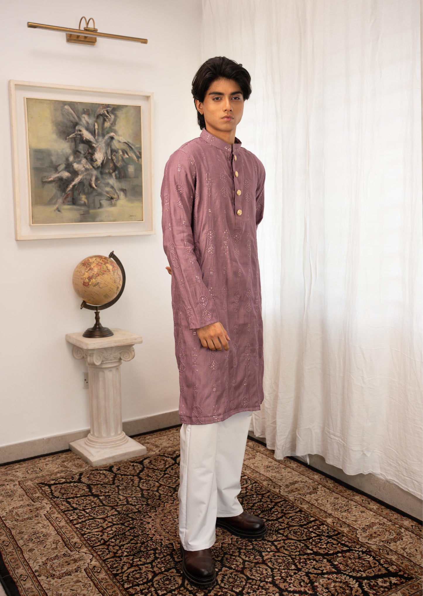 Rehman Embroidered Mauve Panjabi with Gold Buttons