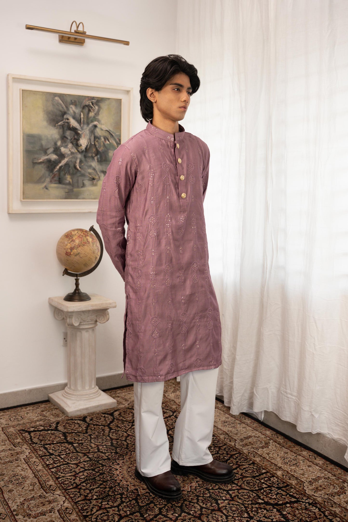 Rehman Embroidered Mauve Panjabi with Gold Buttons