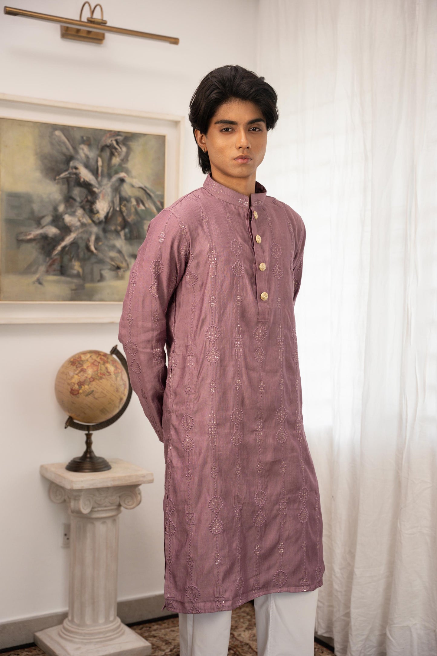 Rehman Embroidered Mauve Panjabi with Gold Buttons