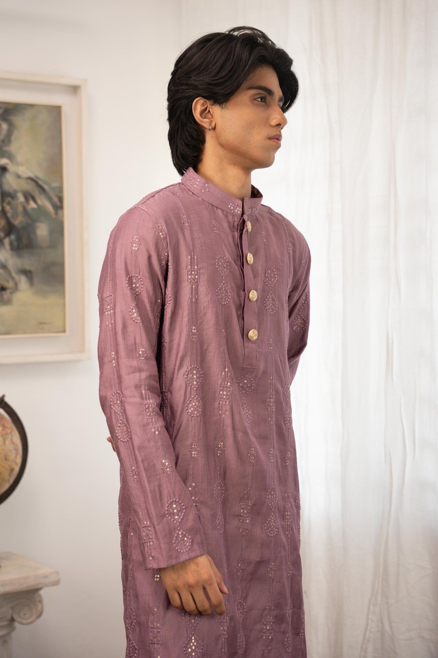 Rehman Embroidered Mauve Panjabi with Gold Buttons