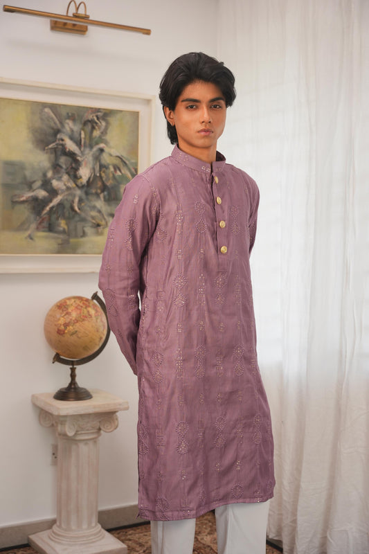 Rehman Embroidered Mauve Panjabi with Gold Buttons