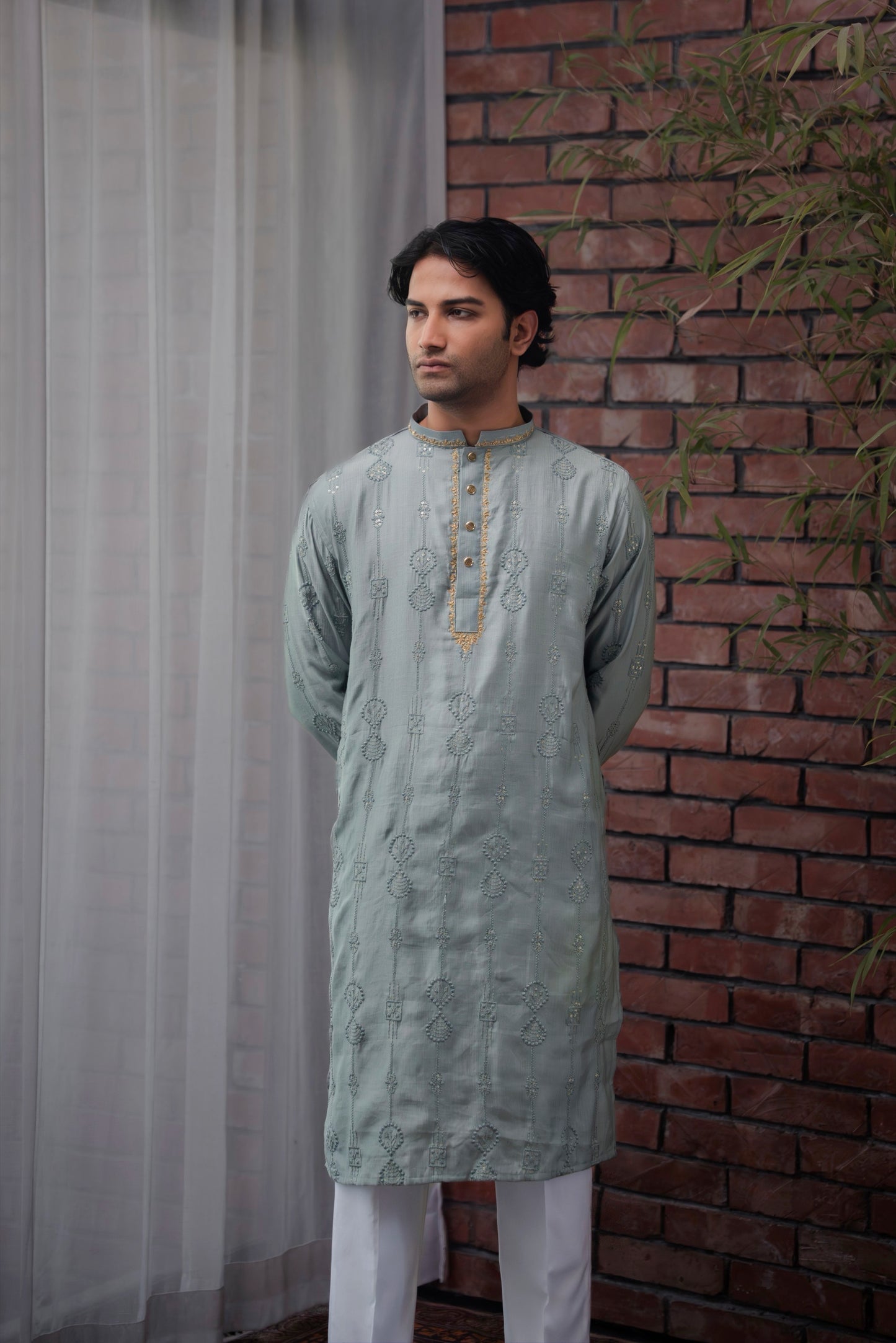 Nayab Embroidered Panjabi in Steel Blue