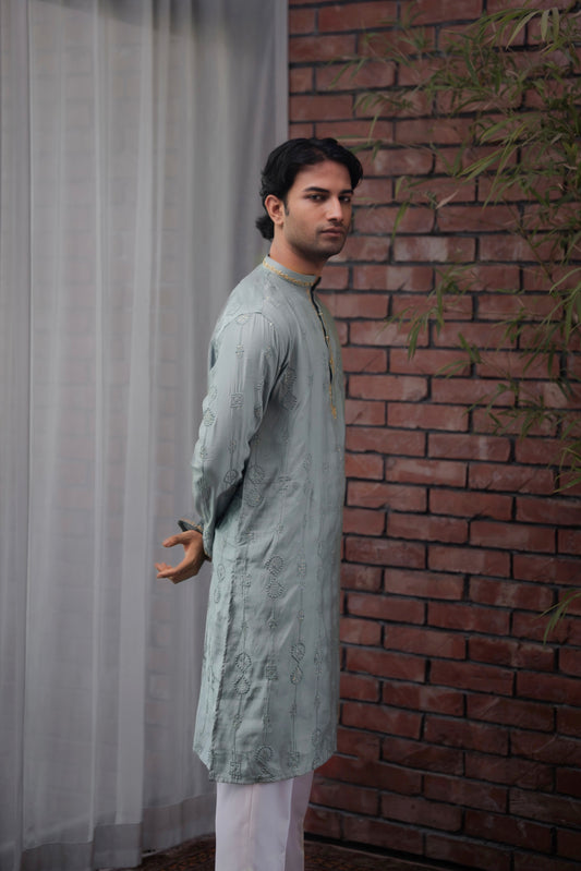 Nayab Embroidered Panjabi in Steel Blue