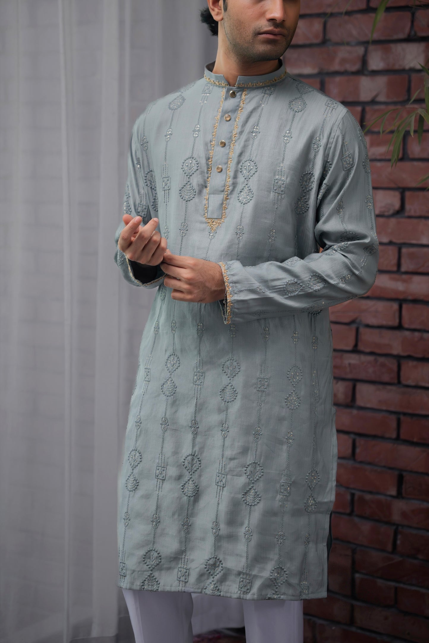 Nayab Embroidered Panjabi in Steel Blue