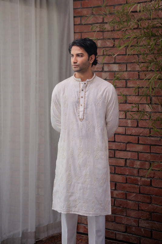 Nayab Embroidered Panjabi in Porcelain White