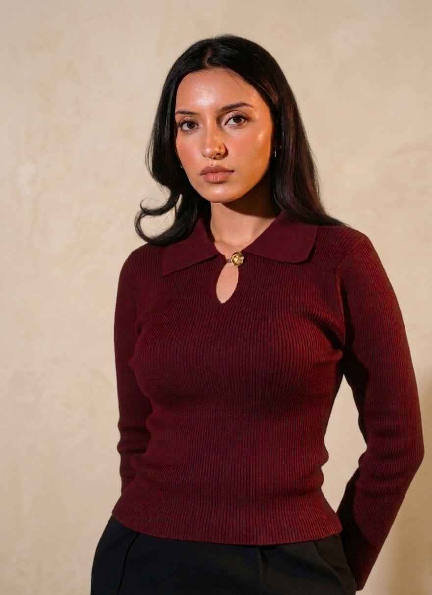Gabriella Dark Maroon Polo with Gold Button