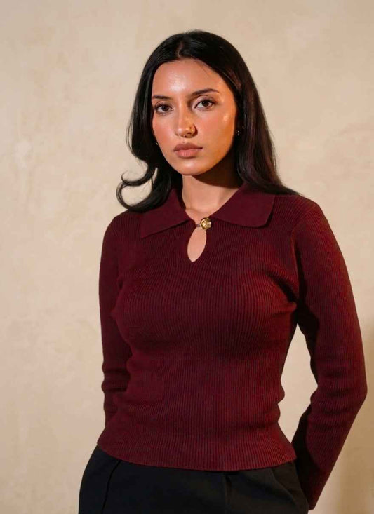 Gabriella Dark Maroon Polo with Gold Button