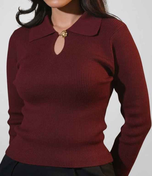 Gabriella Dark Maroon Polo with Gold Button