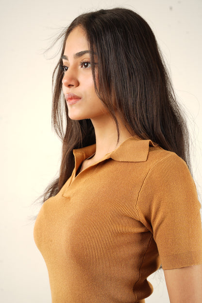 Caramel Knit Cropped Polo - Bosphorus Fashion Ltd.
