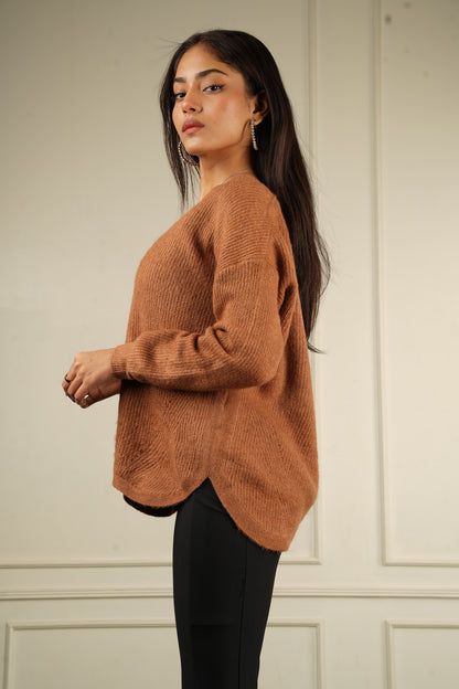 Cinnamon Oversized V-Neck Sweater - Bosphorus Fashion Ltd.