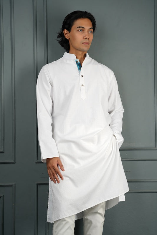 Crisp White Panjabi w/ Abstract Teal Lining - Bosphorus Fashion Ltd.