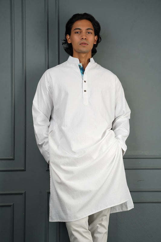 Crisp White Panjabi w/ Abstract Teal Lining - Bosphorus Fashion Ltd.
