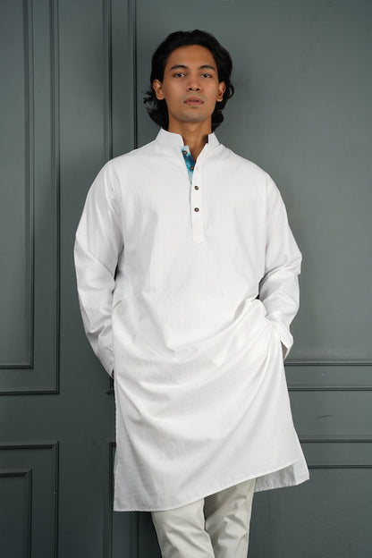Crisp White Panjabi w/ Abstract Teal Lining - Bosphorus Fashion Ltd.