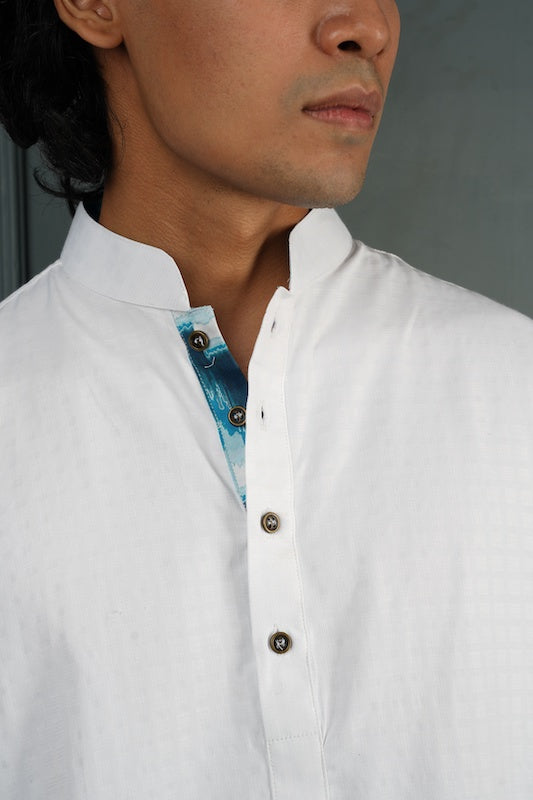 Crisp White Panjabi w/ Abstract Teal Lining - Bosphorus Fashion Ltd.