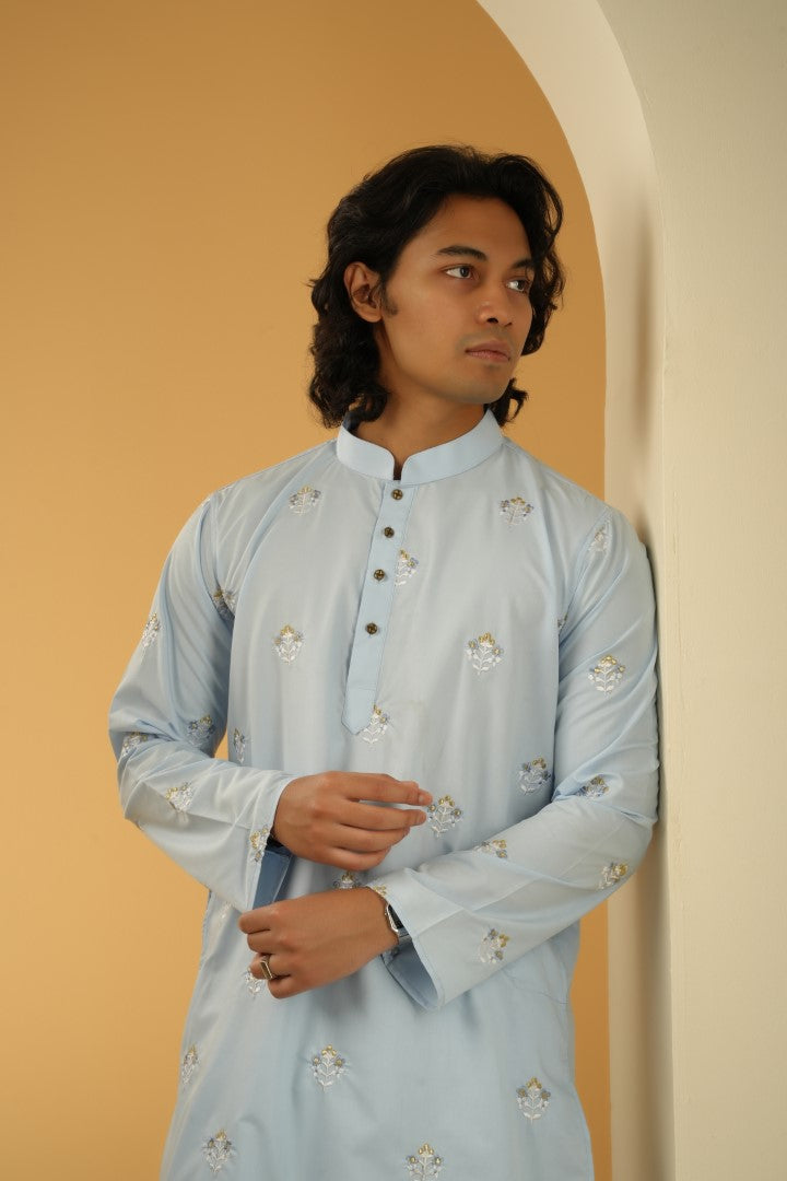 Amir All-over Embroidered Kurta in Sky Blue - Bosphorus Fashion Ltd.