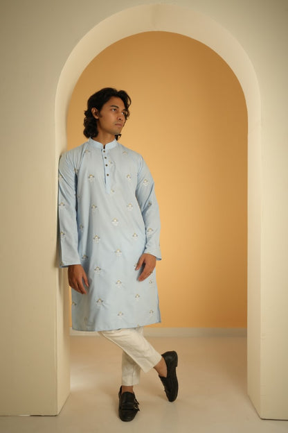 Amir All-over Embroidered Kurta in Sky Blue - Bosphorus Fashion Ltd.
