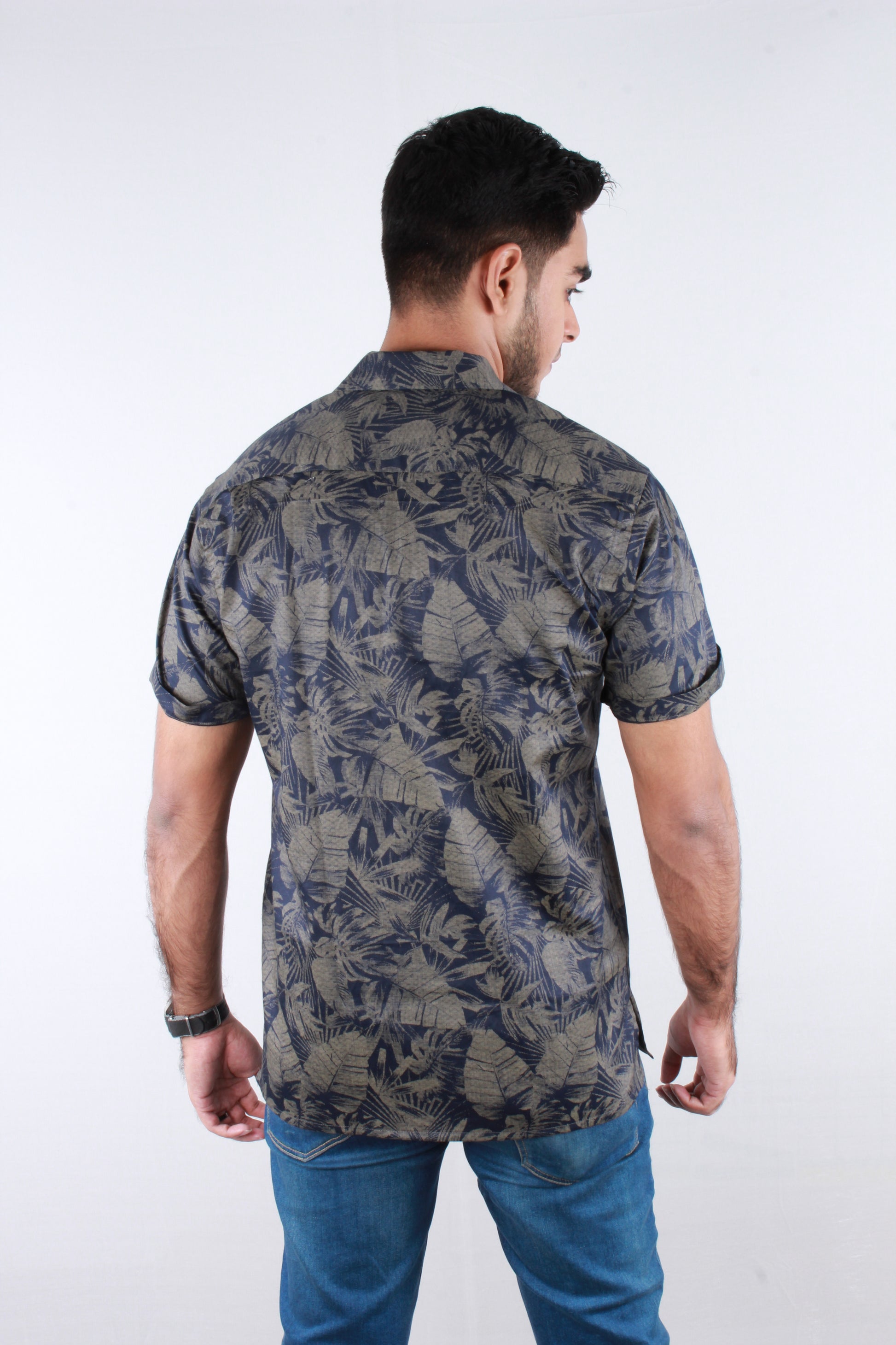 Blue Leafy Printed Casual Shirt - Bosphorus Fashion