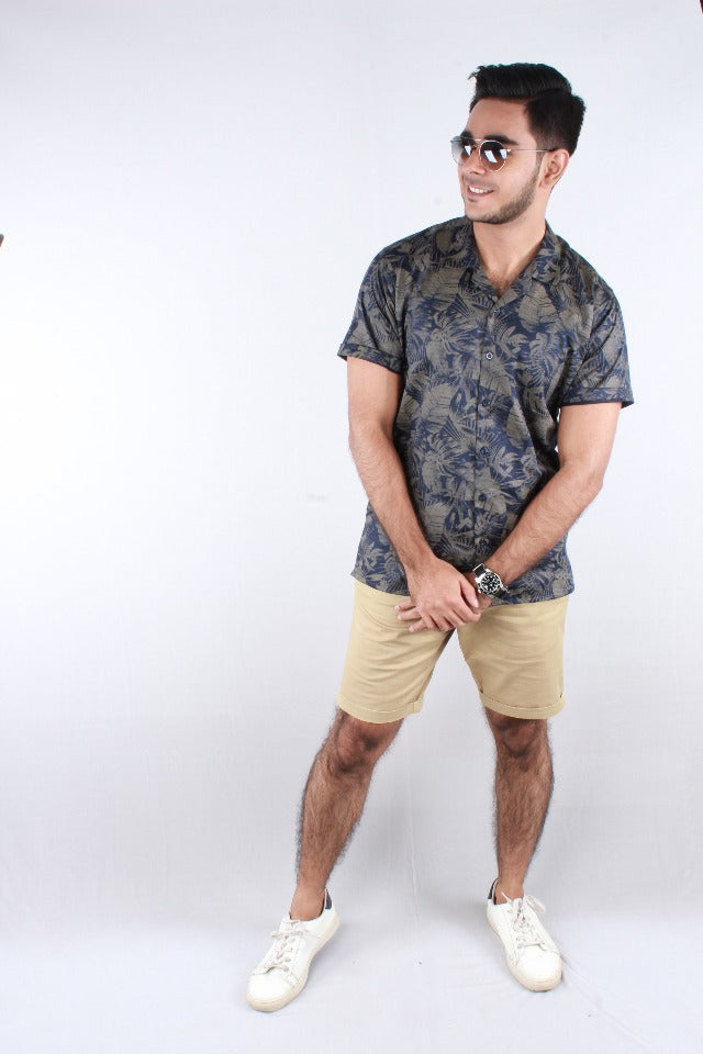 Blue Leafy Printed Casual Shirt - Bosphorus Fashion